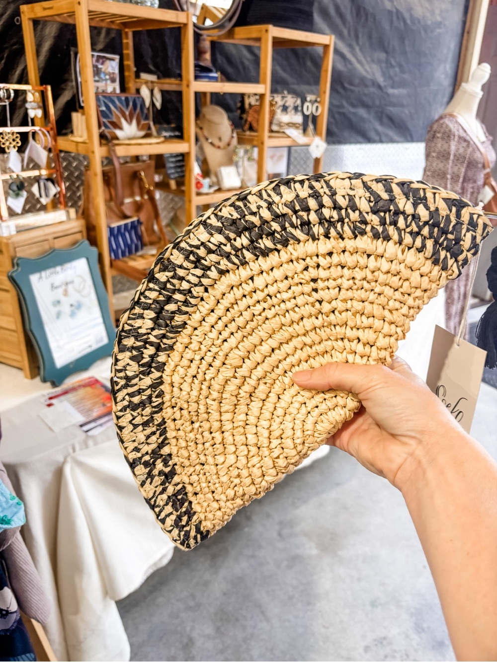 Sseko Woven raffia crescent clutch in Natural and Black